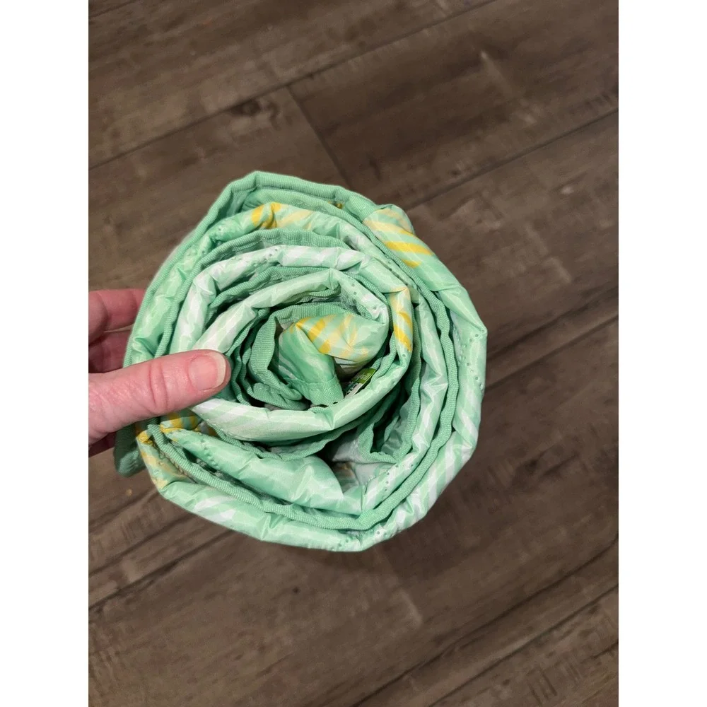 Clinique Quilted Picnic Blanket mint green and yellow plaid carrying strap